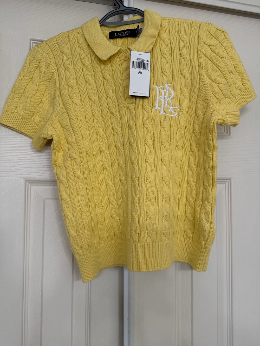 Lauren Ralph Lauren Pale Yellow Cable-Knit Polo V-Neck Sweater